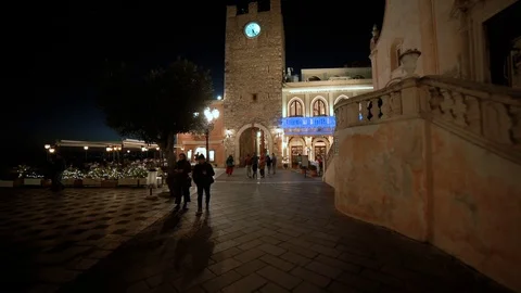 The main square in Taormina (Sicily) at night with Christmas decorations Stock Footage 122938898