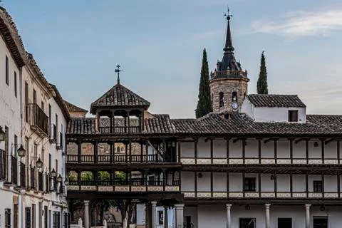 Main square of tembleque surrounded by buildings and galleries in height and Stock Photos