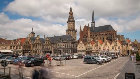 Main square of Veurne with dramatic clouds in sky, Flanders, Belgium Stock-Footage 81349696