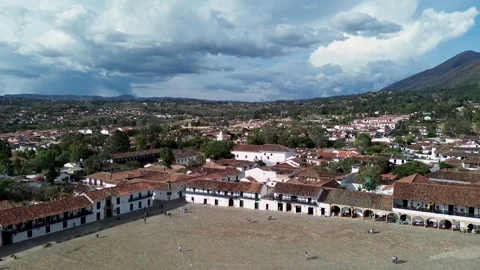 Main square of Villa de Leyva Colombia, Aerial view of colonial town plaza Stock Footage 319862135