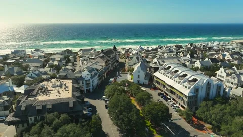 Main st and park of a beach town on the ocean Stock Footage 239071767