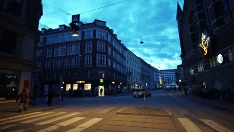 Main station of Copenhagen. European architecture and people at night Stock Footage