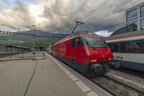 Main station in spring cloudy evening in Brig Switzerland 05 08 2024 Stock Photos