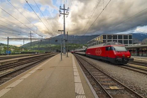 Main station in spring cloudy evening in Brig Switzerland 05 08 2024 Stock Photos