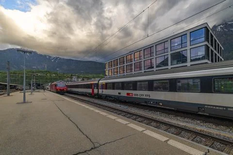 Main station in spring cloudy evening in Brig Switzerland 05 08 2024 Stock Photos