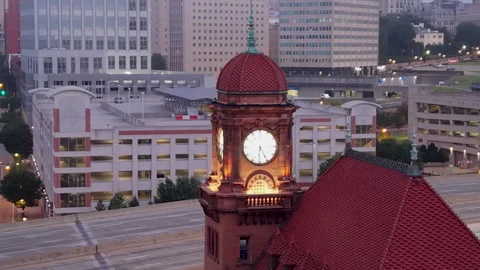 Main Street Station Clock Tower at Dusk – Richmond Virginia Aerial Stock Footage 344092061