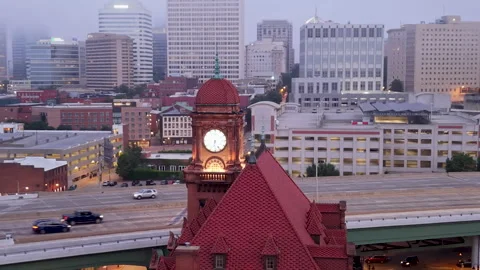 Main Street Station Clock Tower and Foggy Richmond Skyline Aerial Stock Footage 344092109