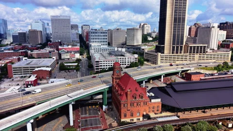 Main Street Station Clock Tower and Richmond Skyline Aerial Stock Footage 344092210
