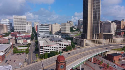 Main Street Station Clock Tower Flyby Toward Richmond Skyline Stock Footage 344092365