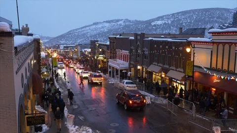 Main Street while snowing during the Sundance Film Festival, Park City, Utah. Stock Footage 98007246