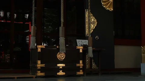Main temple Iruki shrine at Shinagawa deep focus close shot Stock Footage