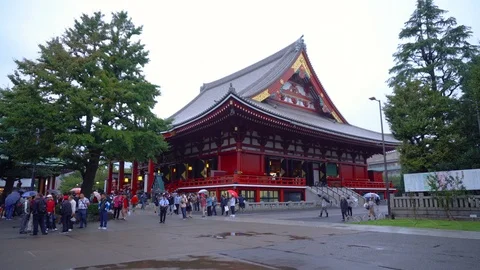 Main Throne Hall Building - Senso Ji Temple and Tourists Stock Footage 98294868