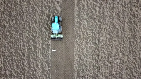 Main tillage tractor with an implement with rotating parts that break the soils Video stock 167293410