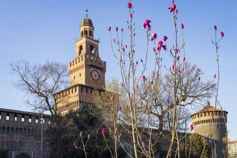 The main tower with clock and red flowers on the right Stock Photos
