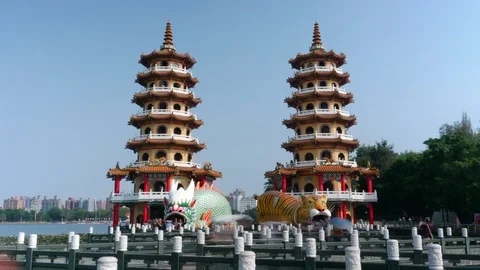 Main view of the Dragon and Tiger Pagodas at lotus pond. 4K time lapse Stock Footage 120160292