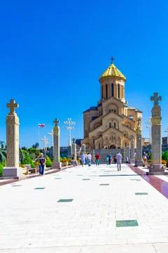 Main view with the stair case and cross pillars columns to Tbilisi Sameba Cat Stock Photos