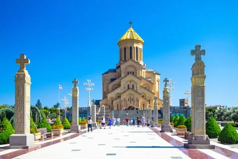 Main view with the stair case and cross pillars columns to Tbilisi Sameba Cat Stock Photos
