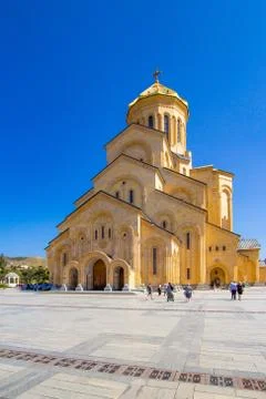 Main view with the stair case and cross pillars columns to Tbilisi Sameba Cat Stock Photos