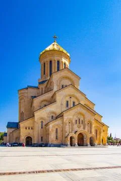 Main view with the stair case and cross pillars columns to Tbilisi Sameba Cat Stock Photos