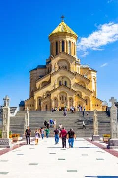 Main view with the stair case and cross pillars columns to Tbilisi Sameba Cat Stock Photos