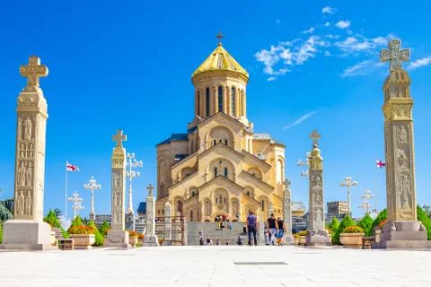 Main view with the stair case and cross pillars columns to Tbilisi Sameba Cat Stock Photos