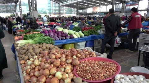 Main winter vegetables in assortment at the Finike local market Stock Footage 123386464