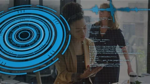 Main woman tapping device, plugging cable in tech office, testing HUD waveform Stock Footage 335235665