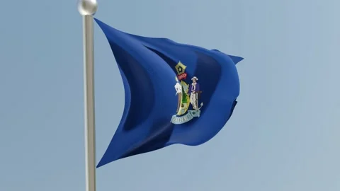 Maine flag on flagpole. ME flag fluttering in the wind. USA. Stock Footage 170658322