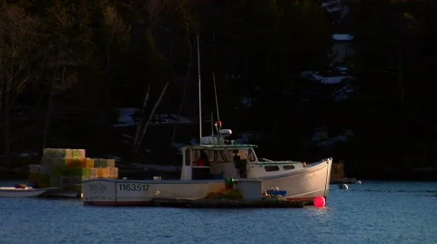 Maine Lobster Boat at Anchor Stock Footage