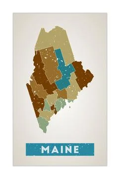 Maine map. Us state poster with regions. Old grunge texture. Shape of Maine.. 스톡 일러스트