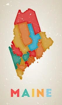 Maine map. Us state poster with colored regions. Old grunge texture. Vector.. Stock Illustration