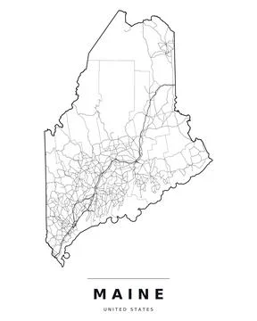 Maine ME Map Counties Highways Roads Black White Editable Vector Stock Illustration