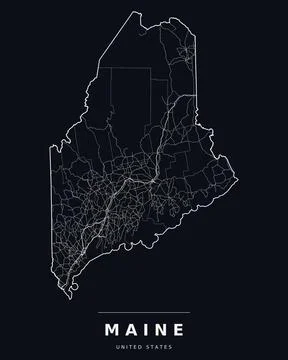 Maine ME Map Counties Highways Roads Dark Mode Editable Vector Stock Illustration