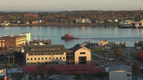 Maine Portland harbor view with tug boat sx Stock Footage