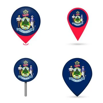 Maine State Flag Map Pin Icons Set Collection Stock Illustration