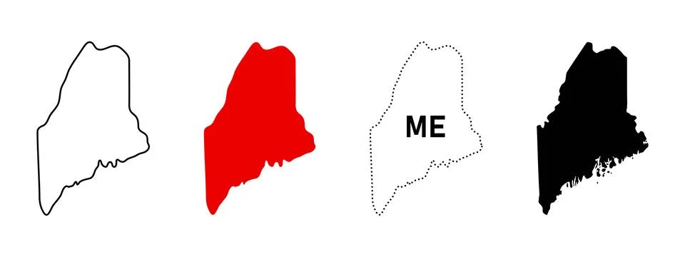 Maine state map icon set. US state outline, filled, dotted and labeled ME s.. Stock Illustration
