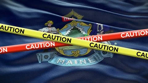 Maine state symbol flag with caution tape. 3D illustration Illustrazione stock