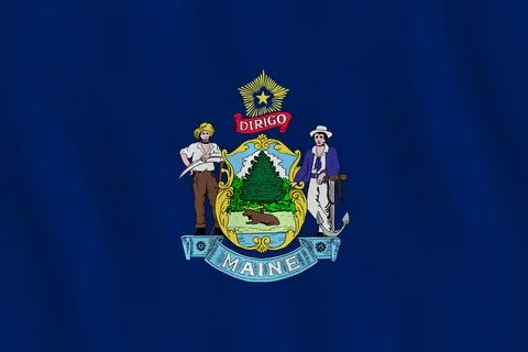 Maine US state flag with waving effect, official proportion. Stock Illustration