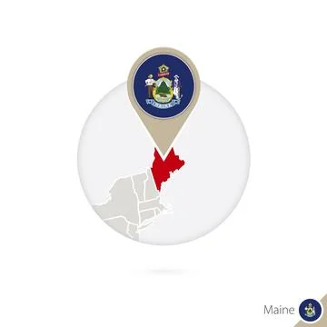 Maine US State map and flag in circle. Map of Maine, Maine flag pin. Map of.. Stock Illustration