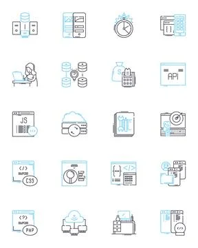 Mainframe computer linear icons set. Legacy, Centralized, Durable, Powerful Stock Illustration