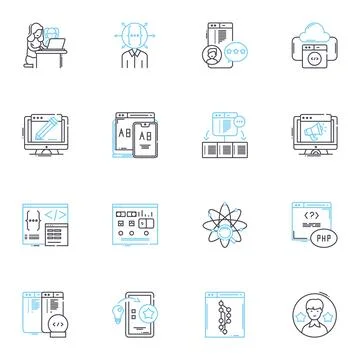Mainframe computer linear icons set. Legacy, Centralized, Durable, Powerful Stock Illustration