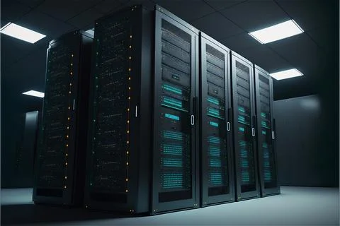 Mainframe devices on racks in room with big data cyber internet content. Neon Stock Illustration