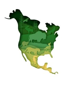 Mainland North America map with wildlife, vector illustration in paper art style Stock Illustration
