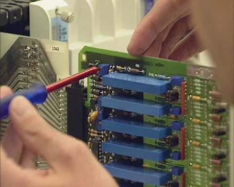 Maintaining a 1980s printed circuit board PCB Stock Footage 125316971