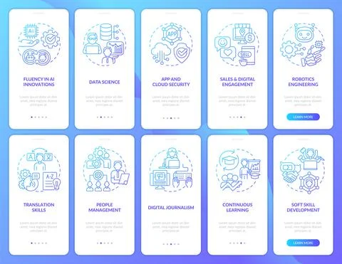 Maintaining prof skills blue gradient onboarding mobile app screen set Stock Illustration