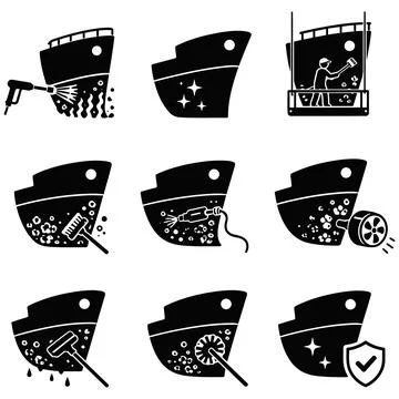Maintenance and Cleaning Procedures for Ship Hulls Icon Set in Black and Whit Иллюстрация