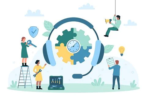 Maintenance and technical support service for customers, tiny people work with Stock Illustration