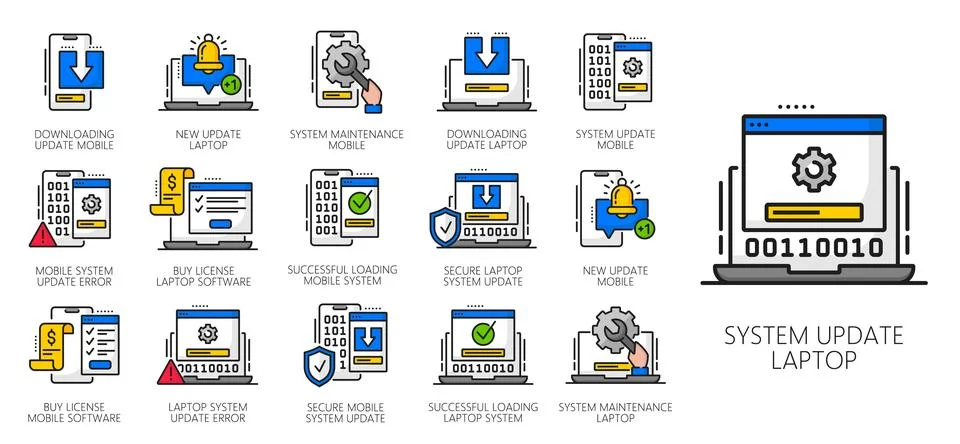 Maintenance and update software app line icons Stock Illustration