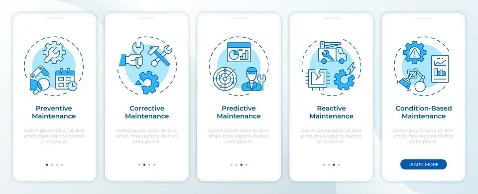 Maintenance classification models onboarding mobile app screen Stock Illustration