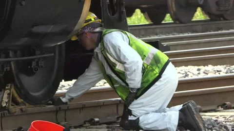 Maintenance crewman hands lubrication tool to his buddy under Big Boy locomotive Vídeos de archivo 160382161